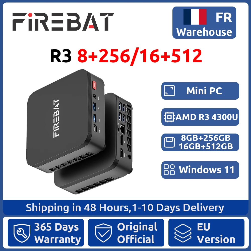 FIREBAT R3 Mini PC AMD Ryzen 3 4300U 8GB/16GB LPDDR4 RAM 256GB/512GB SSD M.2 SATA Windows11 Pro Desktopcomputer WiFi6 BT5.2