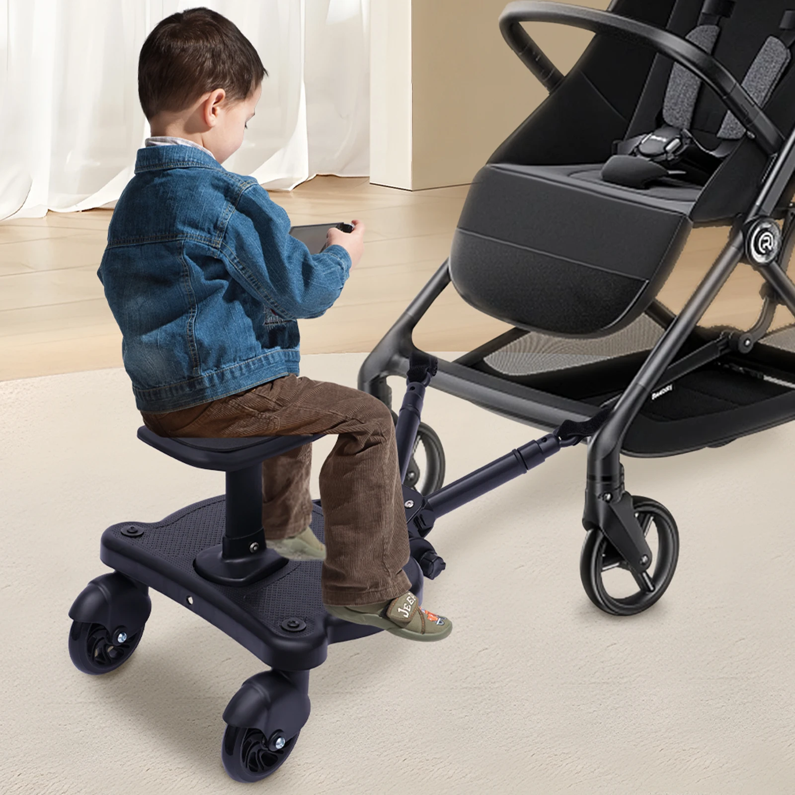 Planche de poussette universelle 2-en-1, trottinette réglable avec siège et roues amovibles pour béb
