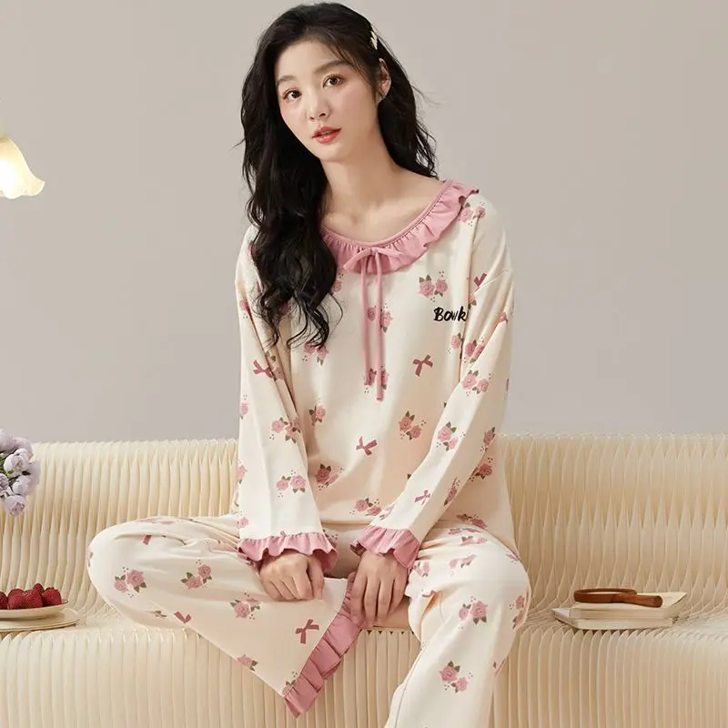 

Осень 2024, пижамные комплекты с длинными рукавами и принтом для женщин, корейская милая одежда для сна, костюм, пижама, домашняя одежда, Pijama Mujer, женская домашняя одежда