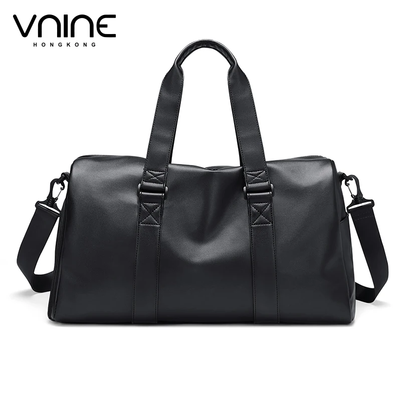 V.NINE Mens Leather Travel Bag Black Traveling Shoulder Bags for Man Luggage Duffle Handbag with Shoe Compartment Waterproof 25l