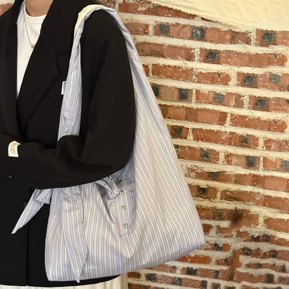 

Bow Striped Canvas Tote Bag Literary Style Blue Canvas Hobo Bag Korean Style Fresh Color Large Capacity Underarm Bag Outdoor