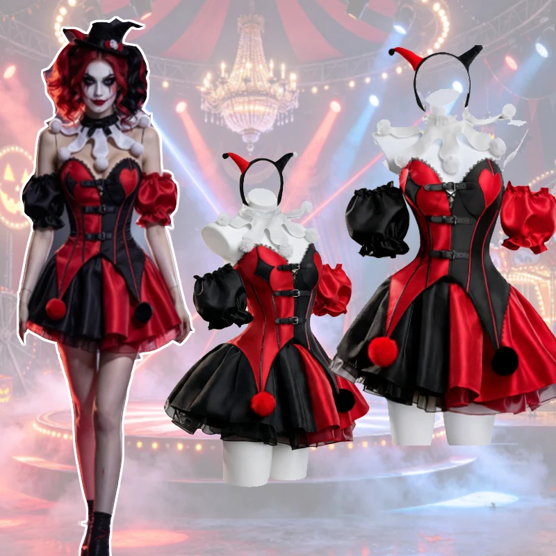 Fancy Carnival Clown Cosplay Dress Costume Women Skirt Neck Ornament Headband Outfit Halloween Dress-Up Suit Performance Stage