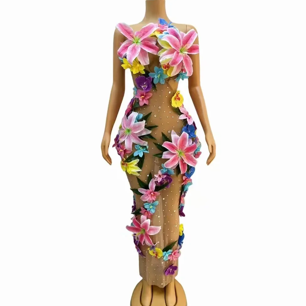 Noche celebrar evemt flores diamantes de imitación vestido sin espalda cuentas rendimiento Sexy danza sesión de fotos disfraz