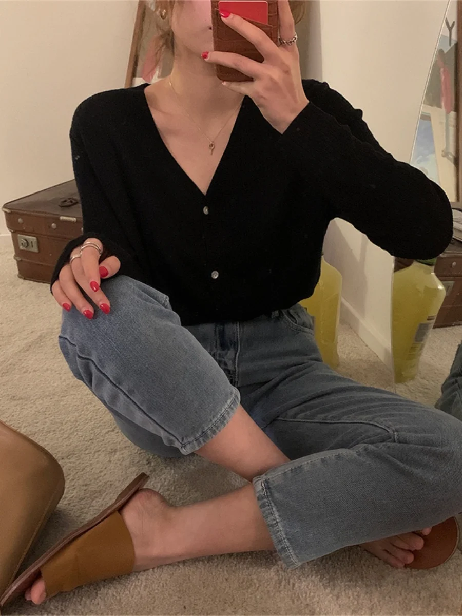 

ell Вязаный свитер на пуговицах, весна-осень, длинный све V-Ne, обычный, тонкий, на одной пуговице, чистый цвет