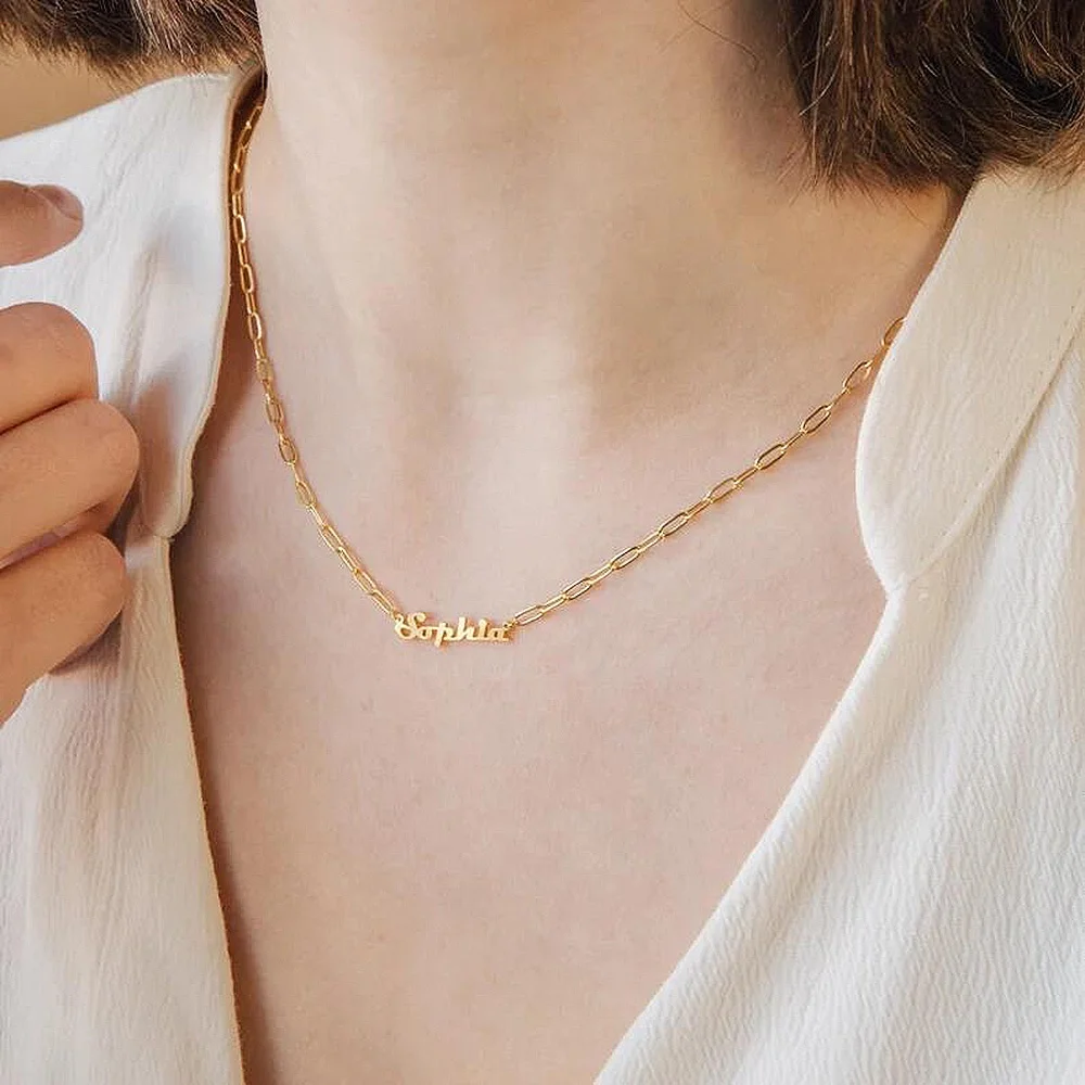 

Paper Clip Link Chain Necklace Custom Name Pendants Silver Necklace for Women Men Choker Stainless Steel Jewelry Holiday Gift