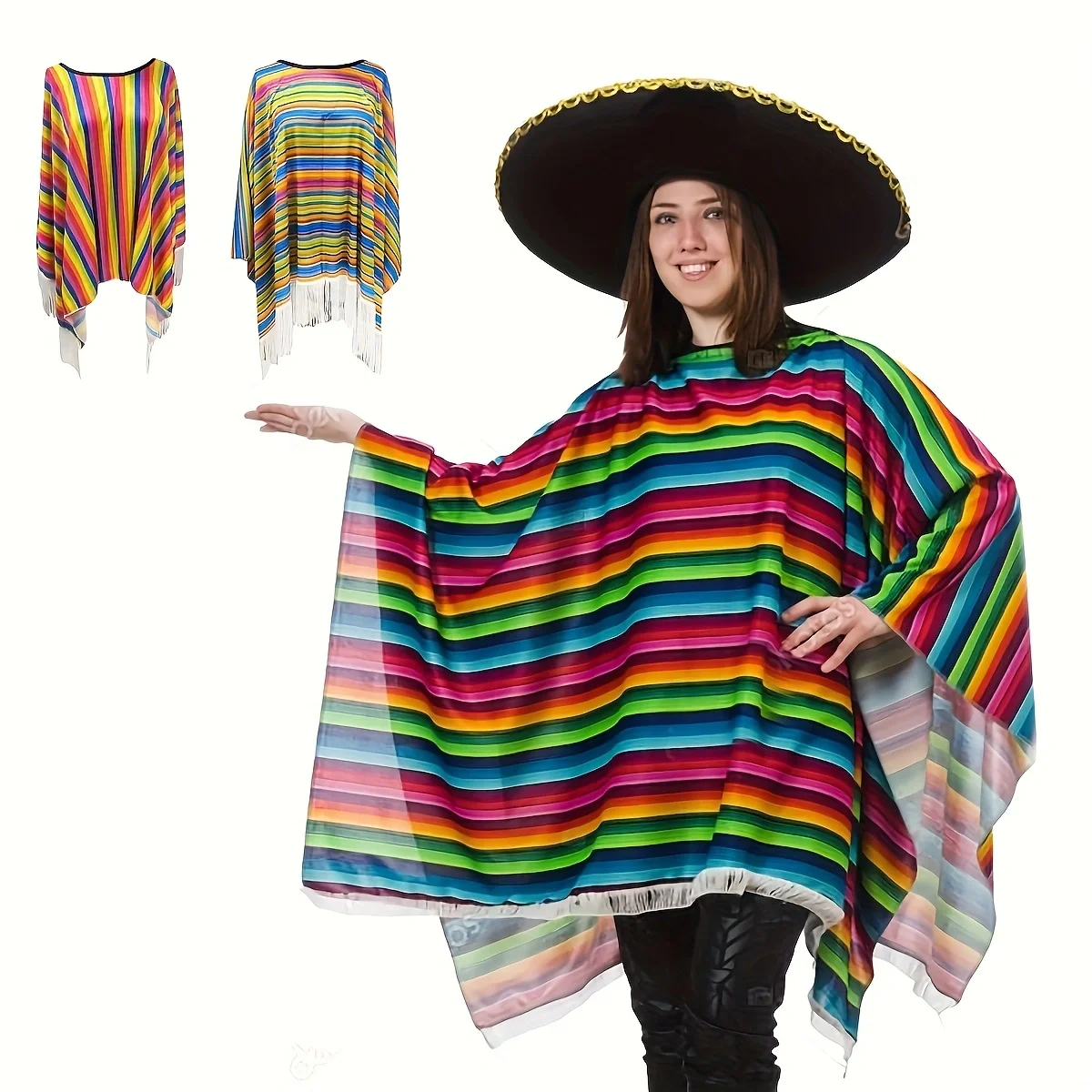 

Мексиканский плащ на Хэллоуин для взрослых, костюм на Хэллоуин, мексиканская вечеринка, нарядный реквизит, одежда для шоу, полосатая шаль с кисточками