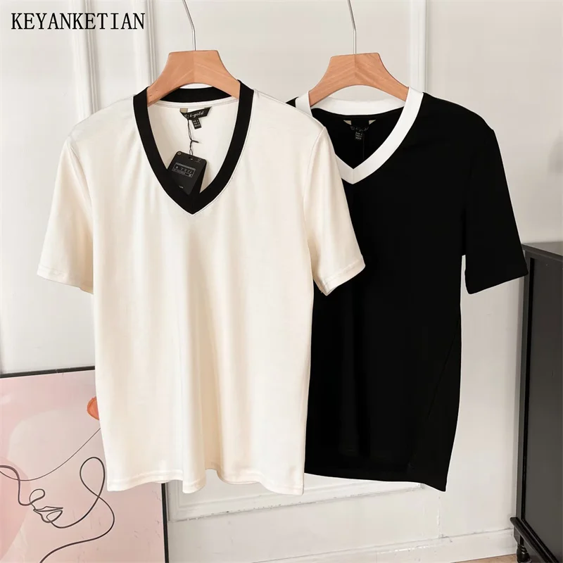 KEYANKETIAN 2024 New Launch Women's Contrast Color V-Neck T Shirt Summer Simply Leisure Short Sleeve Cotton Tees Pullover Top