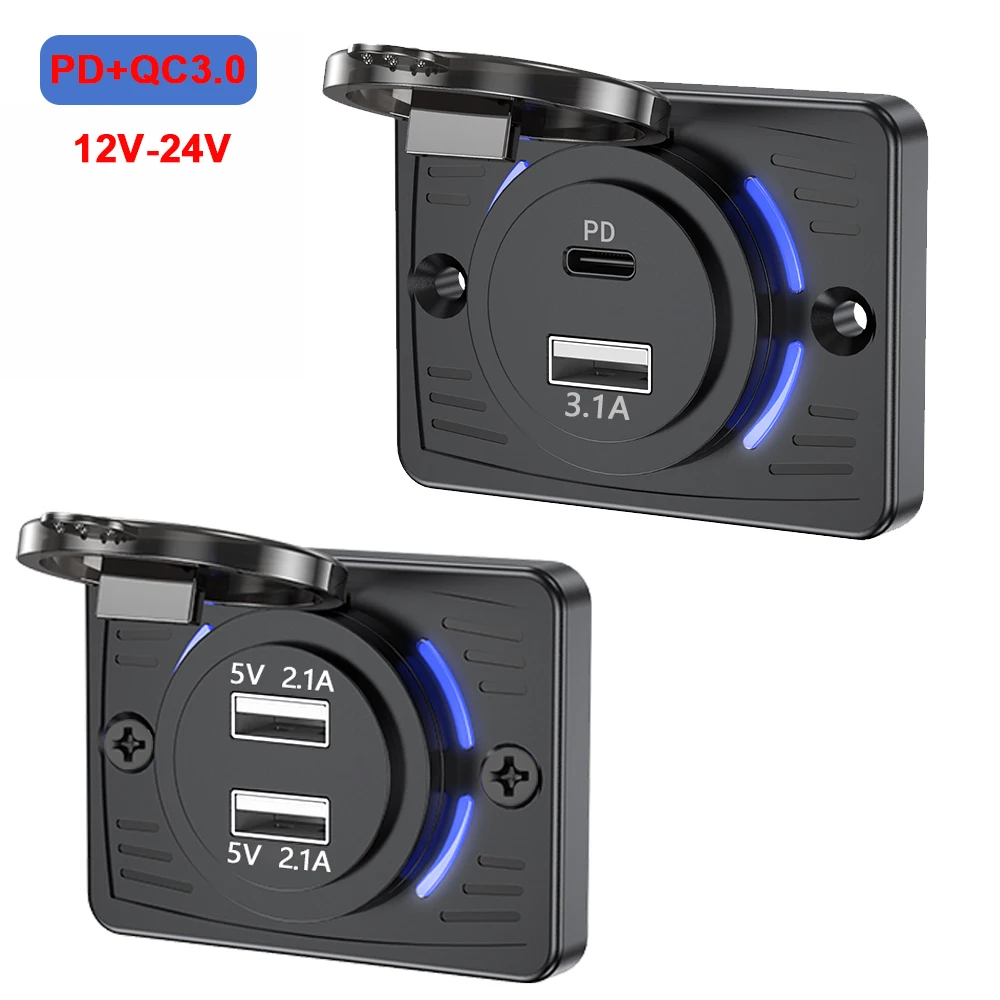 12/24V Car Charger Socket Waterproof Dual PD Dual QC3.0 Type-C Quick Charge With Sliding Cover for Cars Boats Buses RVS