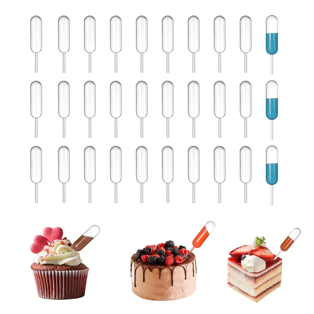 100 Piece Paper Cupcake and Jam Dropper Decoration Set, Plastic Eye Dropper, Dessert Pipette (Bar Shape)