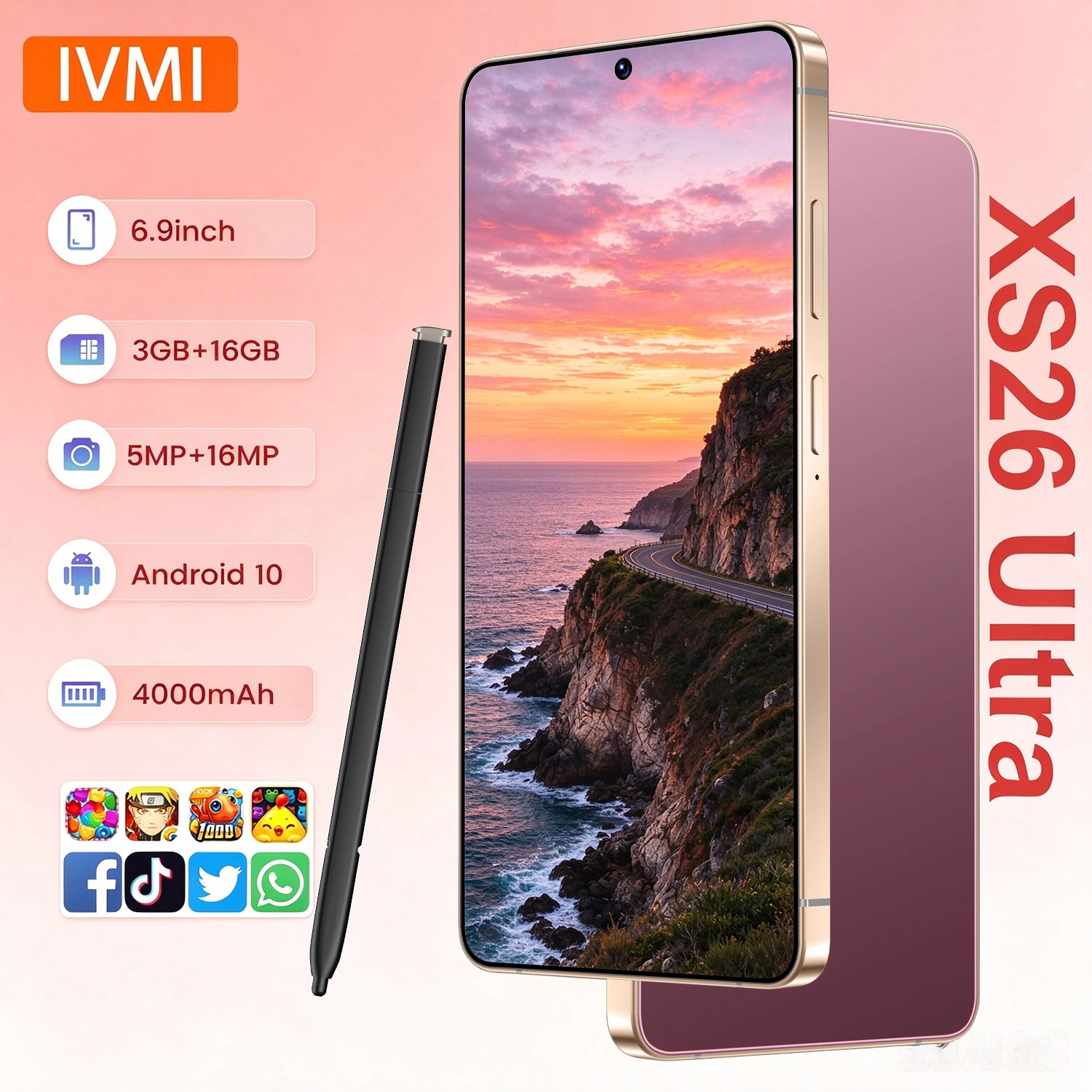هاتف IVMI X S26 Ultra الذكي غير المقفل، يعمل بنظام أندرويد 10، ذاكرة وصول عشوائي 3 جيجابايت + ذاكرة تخزين داخلية 16 جيجابايت، شريحتين، يدعم شبكات الجيل الرابع 4G، متجر جوجل بلاي، إصدار عالمي اقتصادي، 