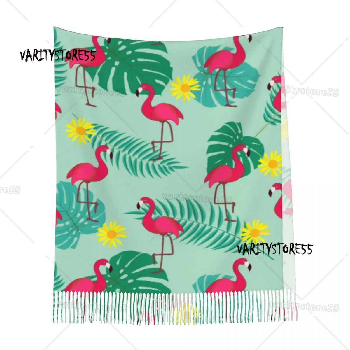 Syal panjang bercetak pribadi untuk pria wanita, syal Retro motif Flamingo lucu latar belakang ilustrasi tumpukan panjang pinggiran syal tahan dingin untuk pria dan wanita