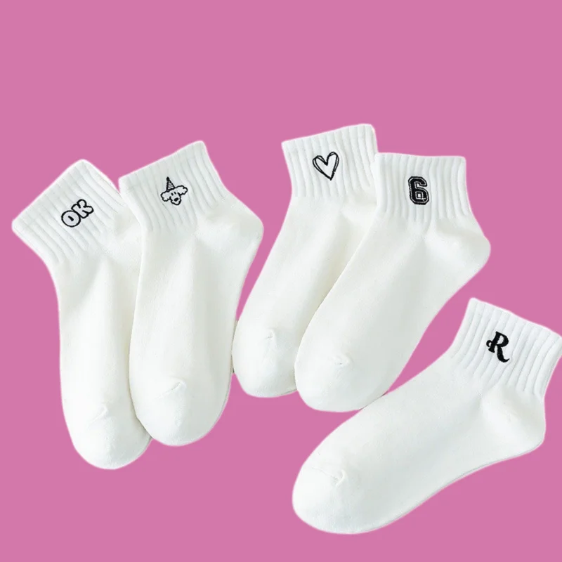 

5/10 Pairs New Women Embroidered Short Socks Breathable White Cotton Socks Versatile Socks Sports Style Socks Student Socks