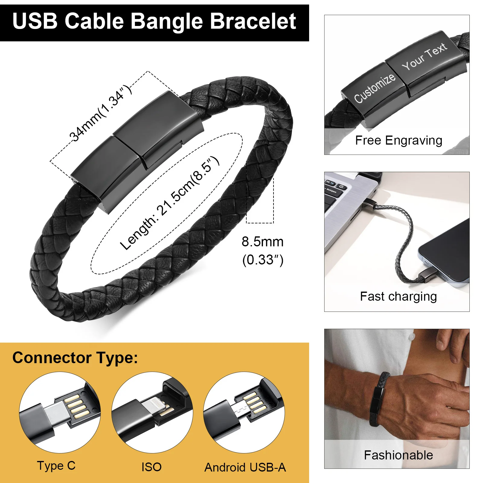 Leather Rope Bracelet for Men Boys,Black Charging Cable Wristband,Simple Convenient Jewelry Gifts