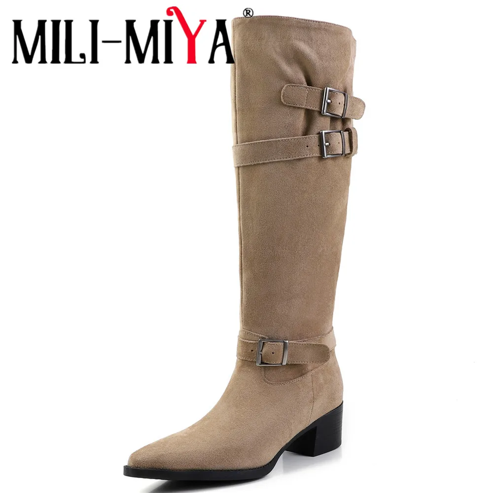 MILI-MIYA Women New Arrival Pointed Toe Knee High Boots Thick Heels Wide-Leg Slip On Cow Suede&Flock Splicing For Ladies