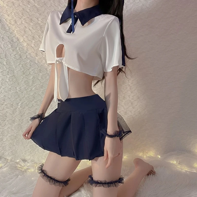 Süße 2 Farben Aushöhlen Bogen Verband Frauen Schulmädchen Uniform Mesh Cosplay Kostüme Schöne Sexy Dessous mit Rock Tempatation