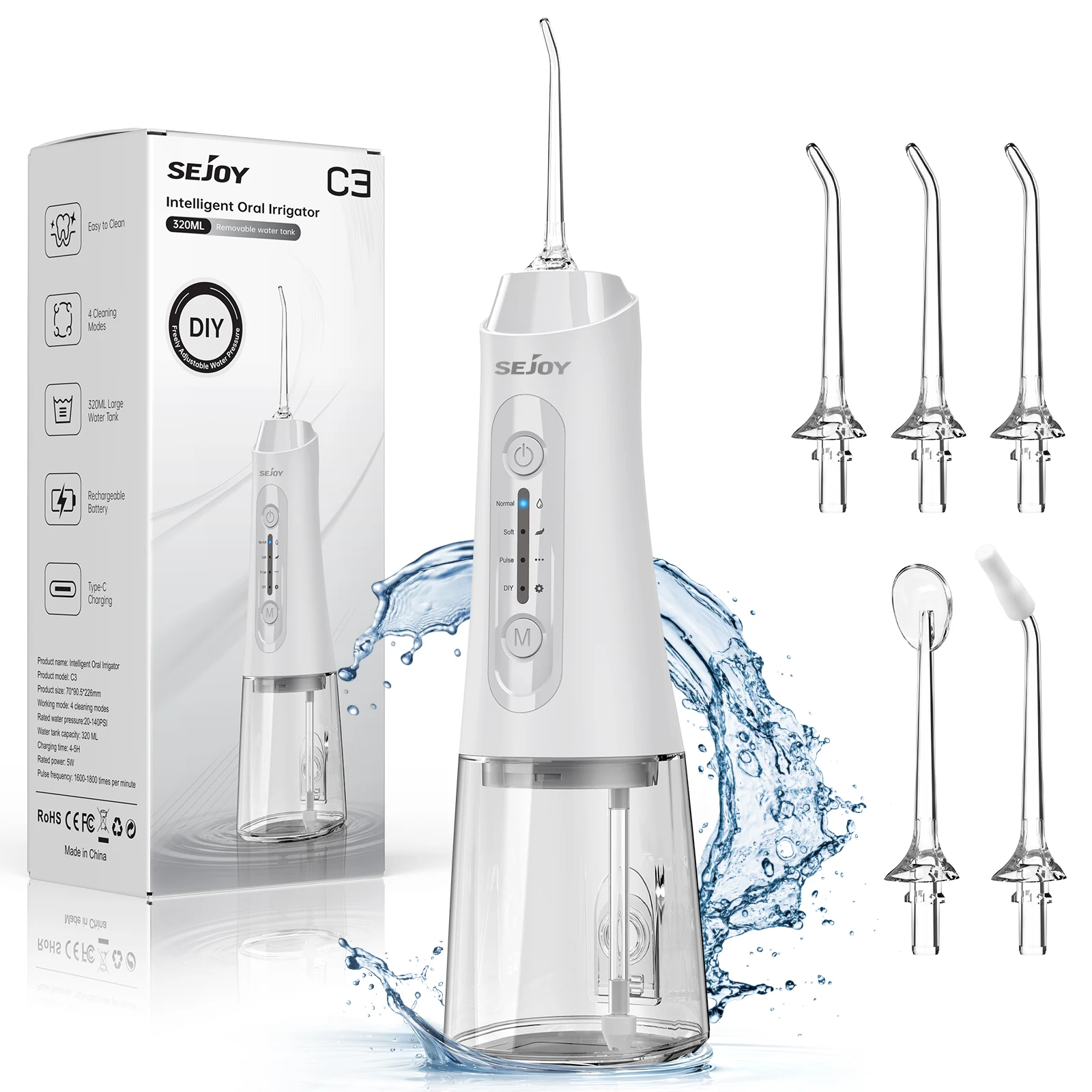 Image of Sejoy C3 Tragbarer Munddusche, wiederaufladbar, 4 Modi, elektrischer Wasserflosser, 5 Düsen, 320ml Tank, für Zuhause & Reisen, für Kieferorthopädie und empfindliches Zahnfleisch.