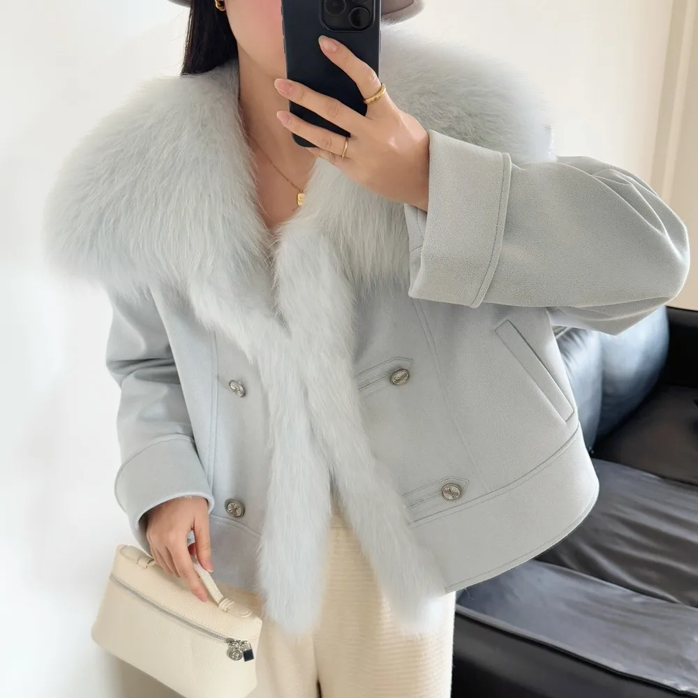Yuxi Huhu 2025 Winter New Style Super large fox fur collar fur coat, suede short goose down jacket