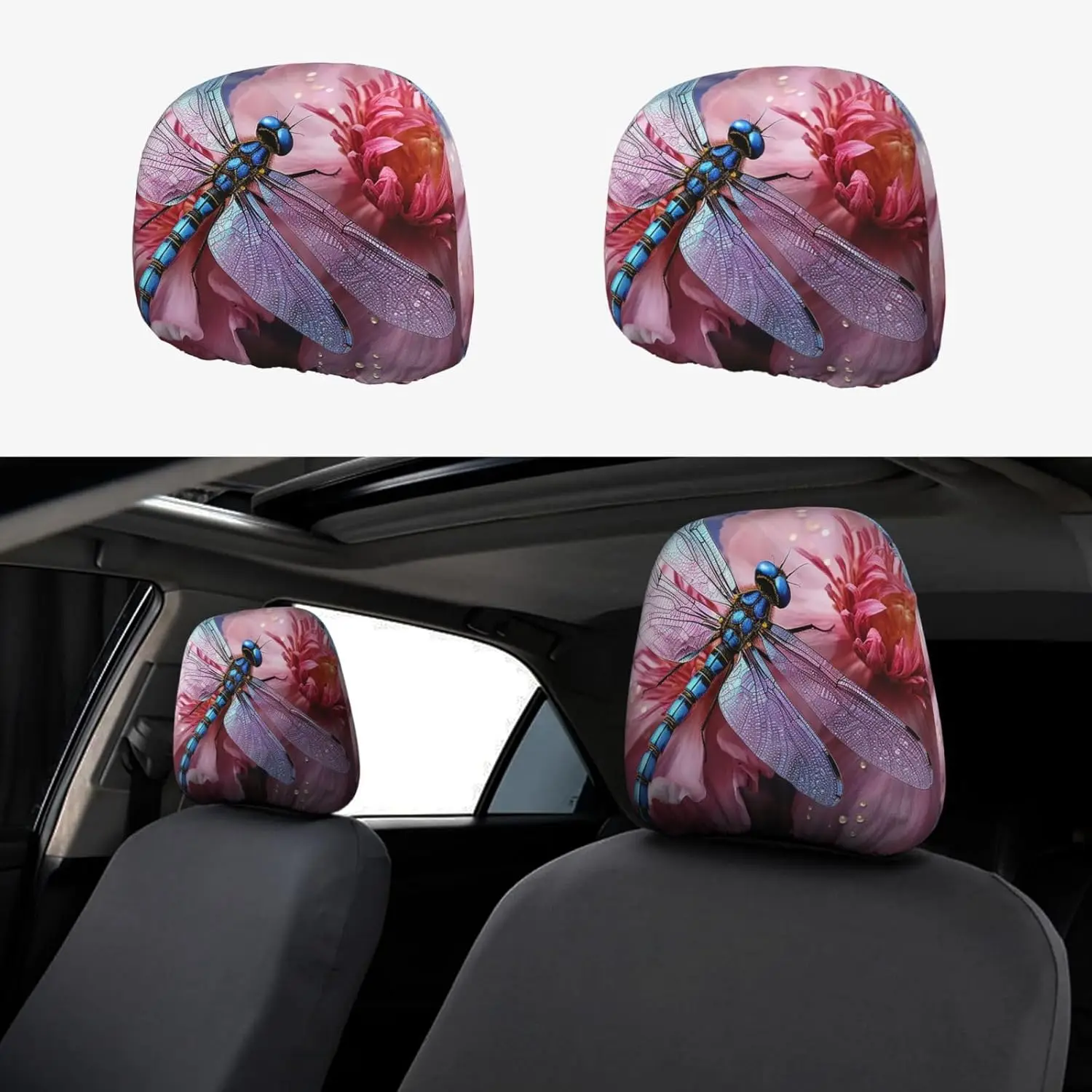 Headrest Cover 2 Pcs Car Seat Headrest Covers Flower Blue Dragonfly Headrest Covers for Car Personalized Car Seat Head