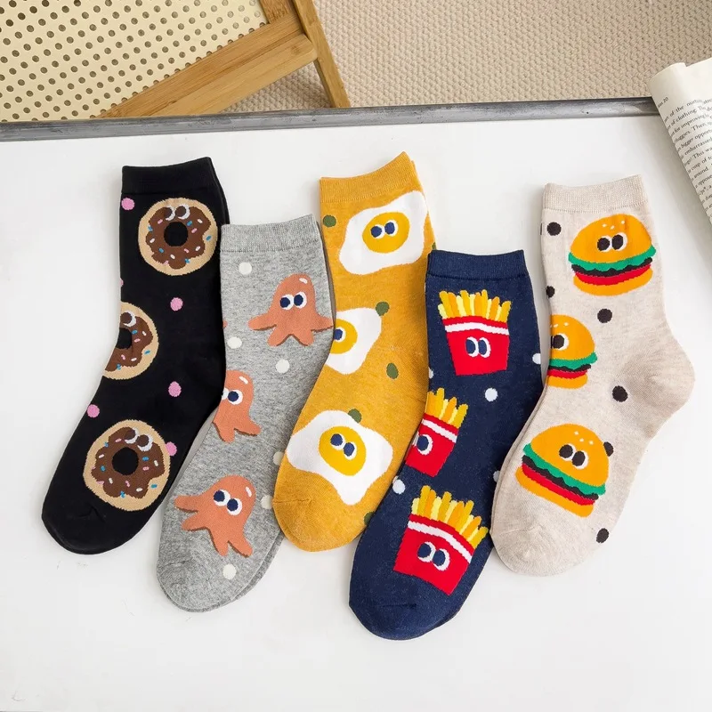 1 Pair of Mixed Color Women's Socks with Cartoon Cute Hamburger and Fries Patterns , Trendyy and Versatile