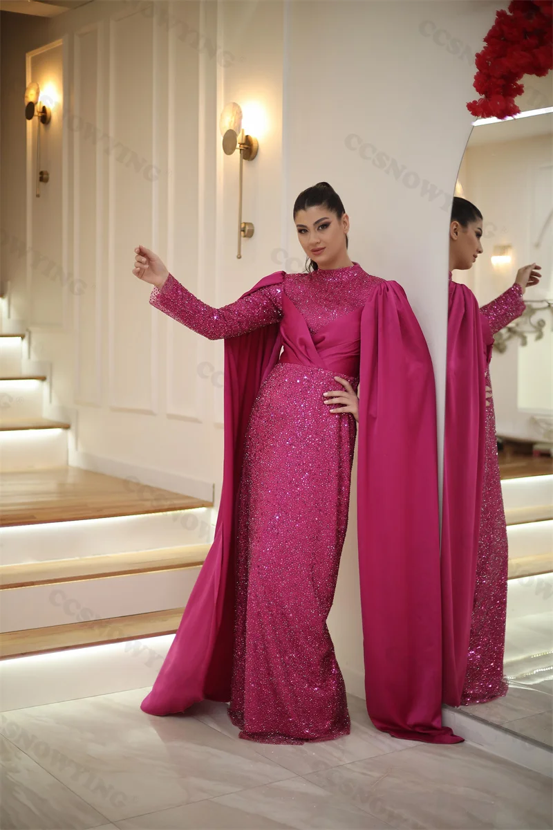 

Sparkly Sequin Beaded Muslim Evening Dresses Long Sleeve Hijab Islamic Formal Party Gown Women Arabic Kaftan Robe De Soiree