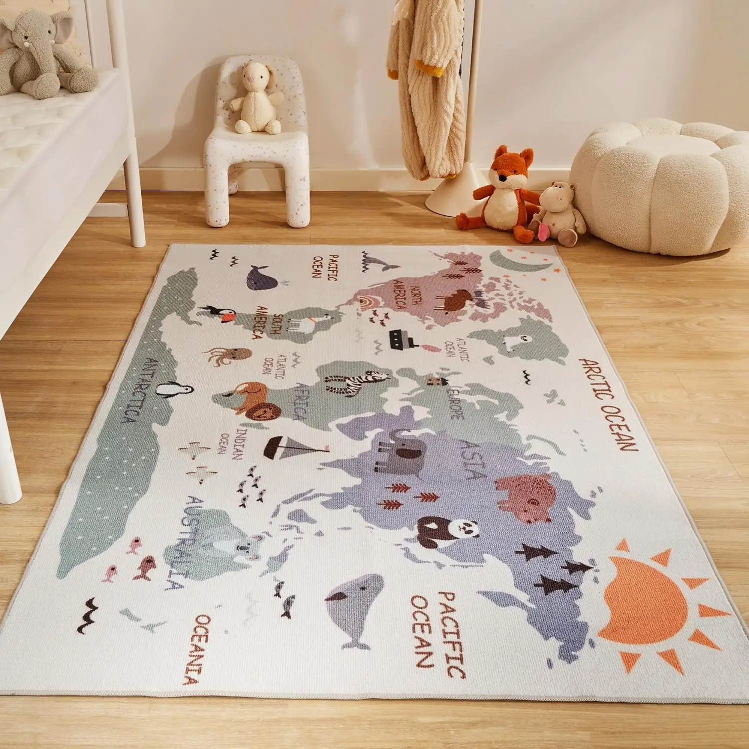 Tapis géographique avec animaux marins, tapis lavable antidérapant pour salle de jeux, chambre à coucher, décoration polyvalente pour chambre d'enfant