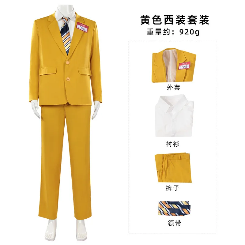 Men Horror Theme Yellow Suit Set Blazer Pants Shirt Tie Name Tag Outfit Halloween Carnival Stage Cosplay Costume view 2