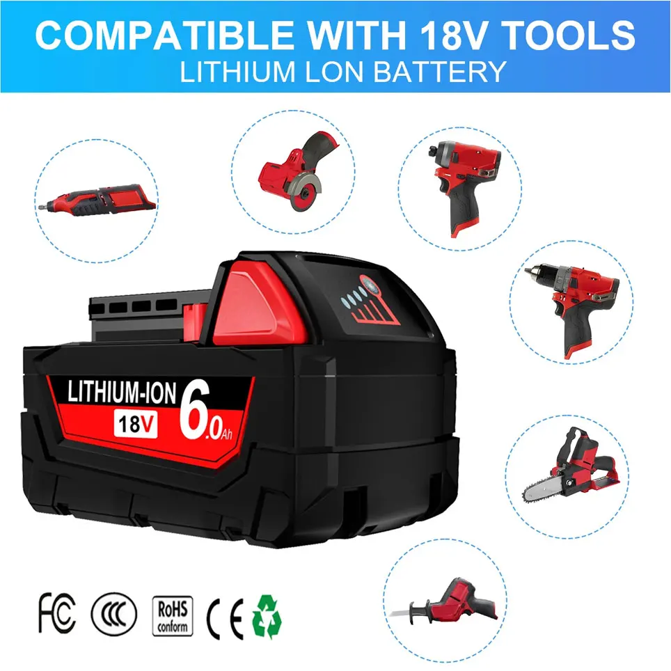 2026 Neues Modell für Milwaukee M18 18V 6.0AH M18 -1815-1850 2646-20-21CT für Milwaukee 18650 Werkzeug Wiederaufladbare Lithium-Batterie – Detail 5