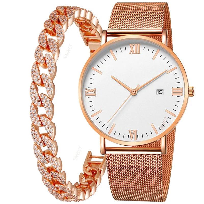 メンズ超薄型防水クォーツ時計,磁気ダイヤモンドブレスレット,スリムメッシュ,スチール,カレンダー,スポーツ