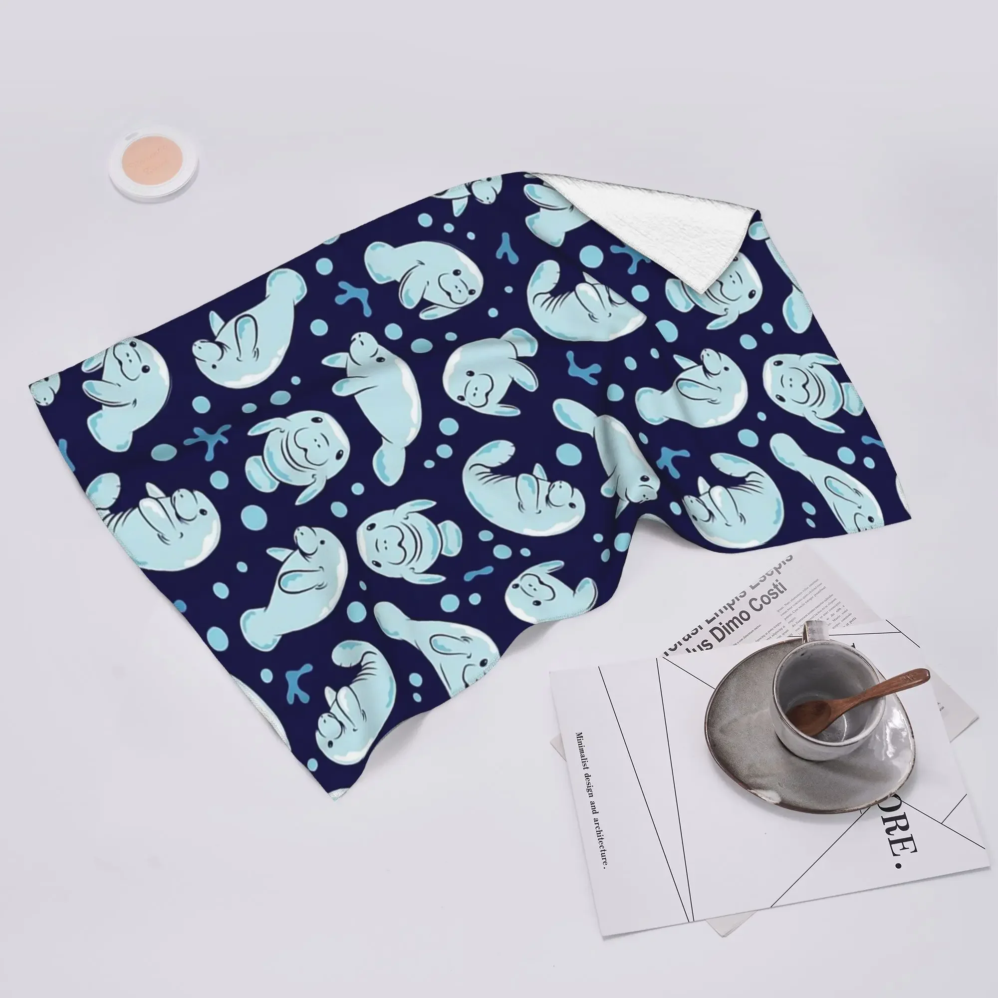 Custom Cute Manatee Pattern - Blue Underwater Pattern Soft Face Towel Quick Dry Pool Bath Cotton Towels Absorbent Quick