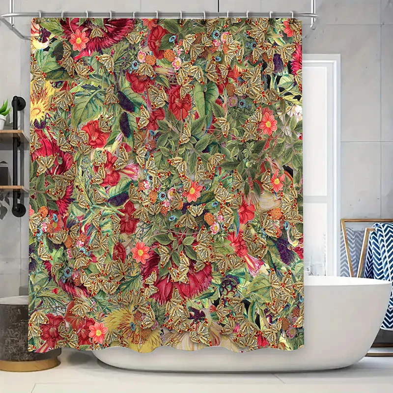 

Luxurious Floral Shower Curtain with Butterflies Bathroom Decor for Home Kitchen, Waterproof Fabric in Red, Green, Pink Yellow C