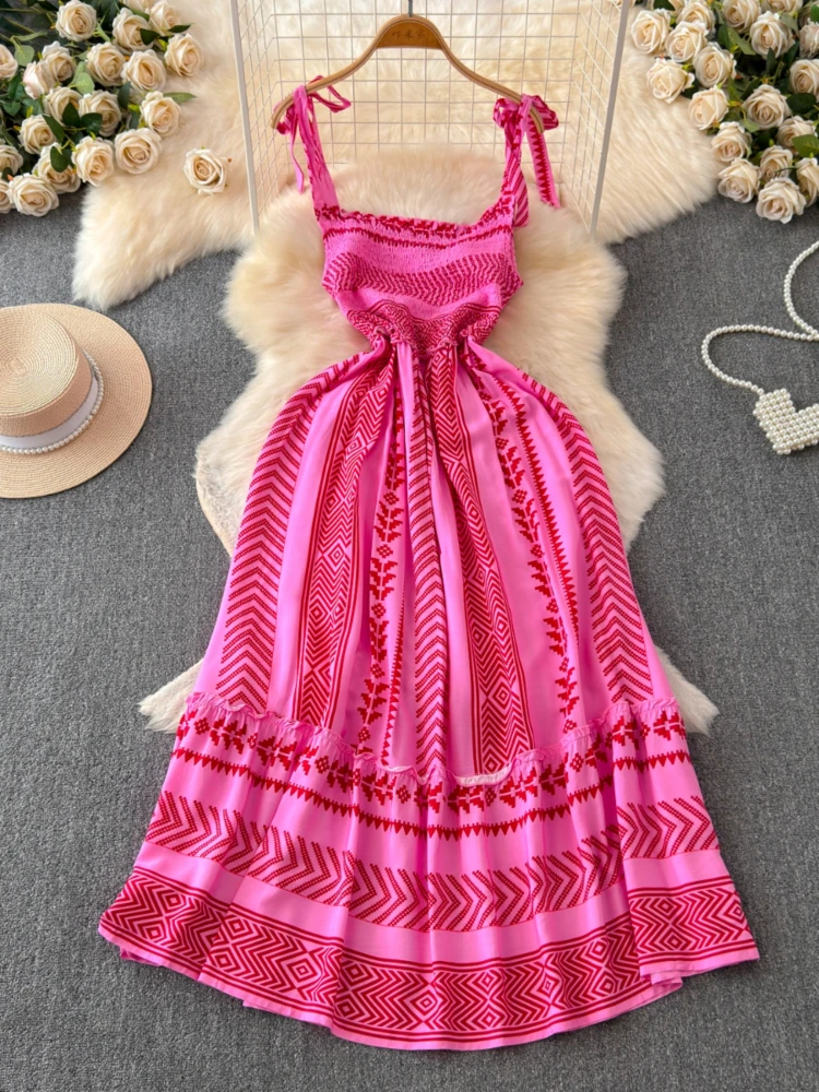 SsTss 2024 New Chic Summer Vacation Beach Midi Dress Women Fashion Tie-up Strap Square Neck Sleeveless Pleated Slim A Line Dress