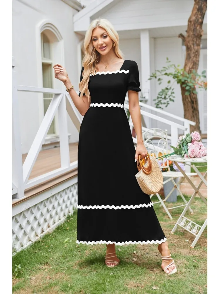 

2024 Women's Spring Summer New Fashion Square Collar Lace Back Drawn Bubble Sleeve Short Sleeve A-line Ankle Dress