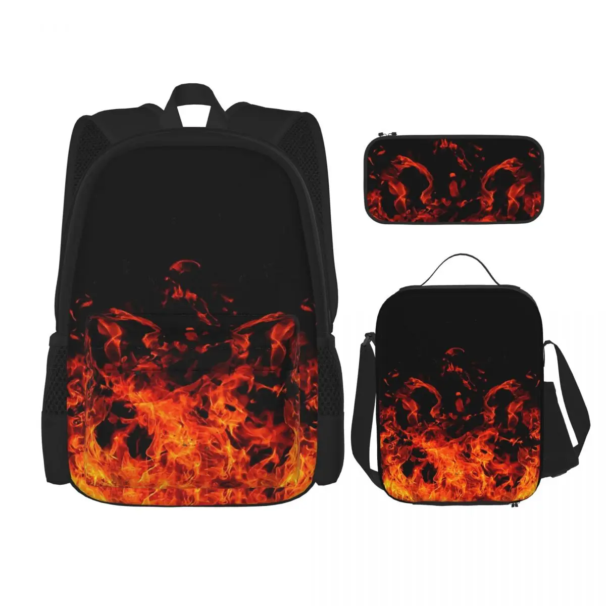 

Flame Patterns Of Fury Backpacks Boys Girls Bookbag School Bags Rucksack Lunch Bag Pen Bag Three-Piece Set