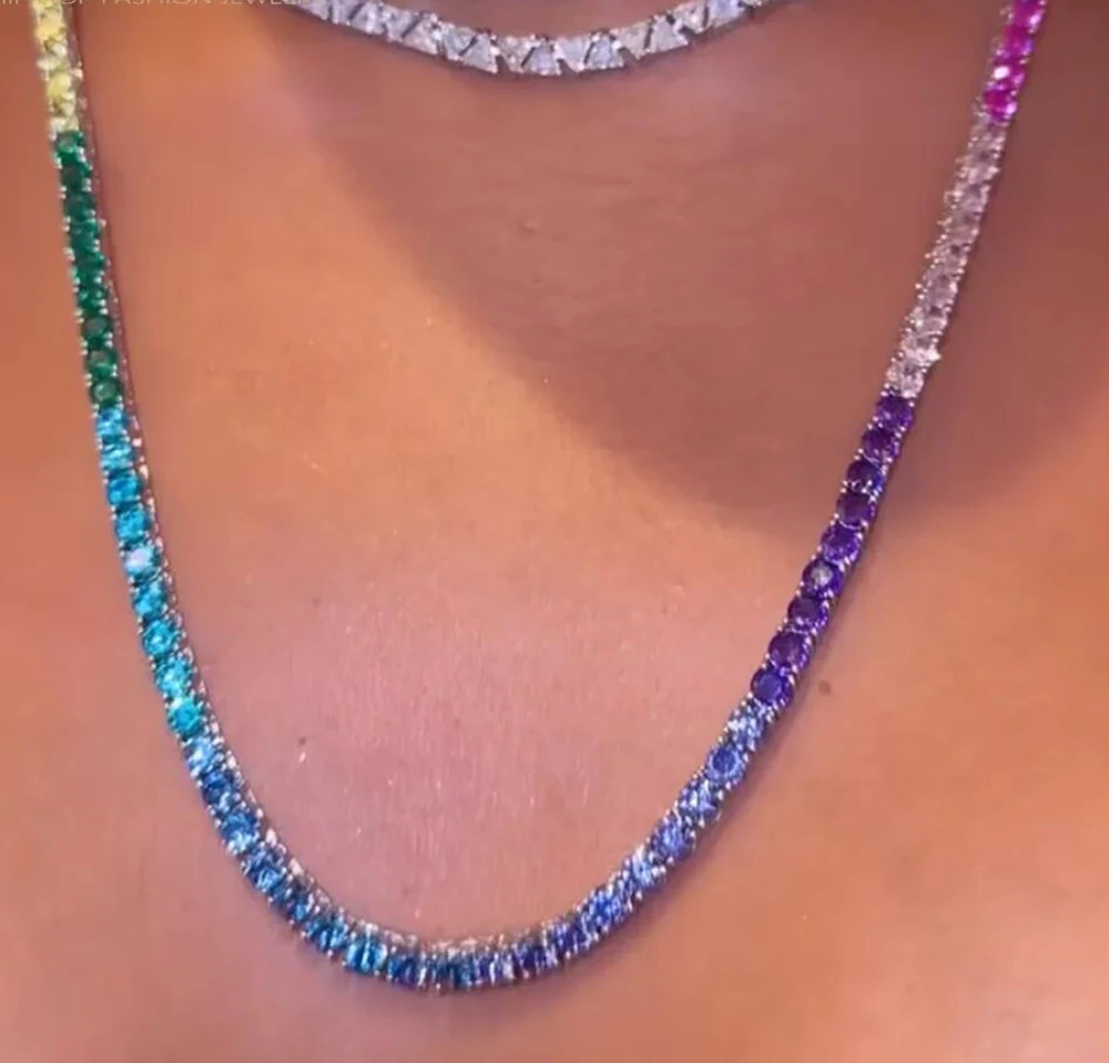 

4 мм Радуга CZ теннисная цепочка ожерелье высшего качества золотого цвета красочные женские колье 16 дюймов
