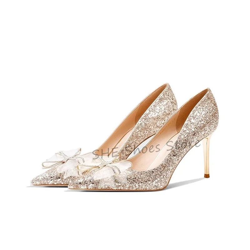 

Bling Sequin Crystal Butterfly Knot Women Pumps Wedding Bride Dress Shoes Pointed Toe Hight Heel Shallow Slip-On Ladies Sandals