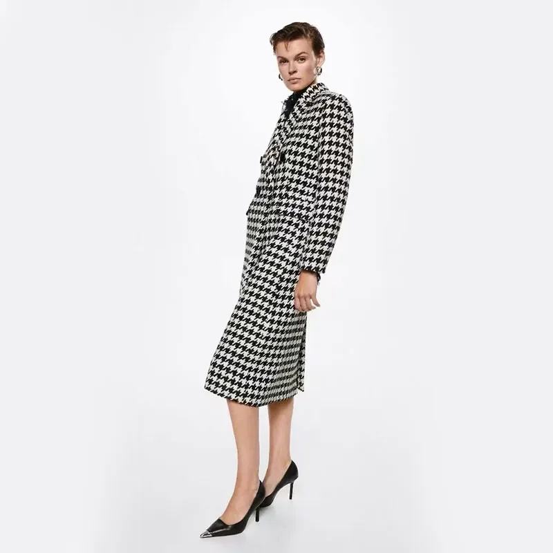 Fashion Houndstooth Faux Wool Jacket Women Autumn Korean Elegant Double Breasted Long Overcoat Winter Thick Warm Blend Wool Coat