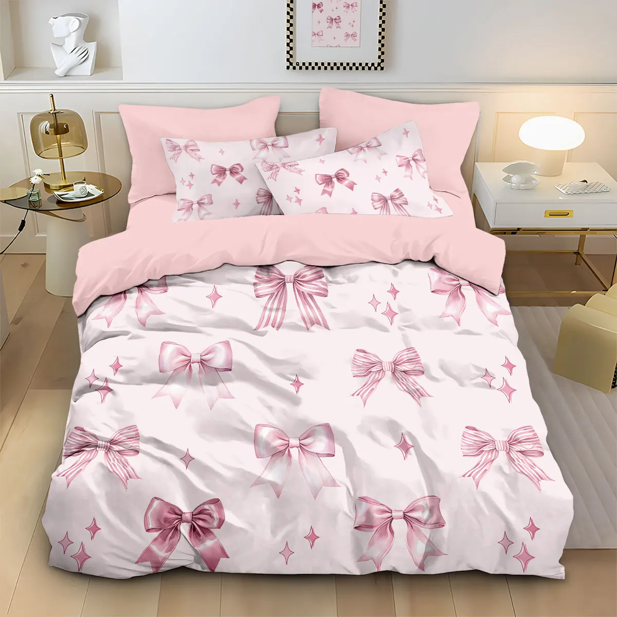 3pcs Pink Bow Printed Coreless Down Duvet Cover Set, Multi Size Bedroom Bedding Decoration, Machine Washable