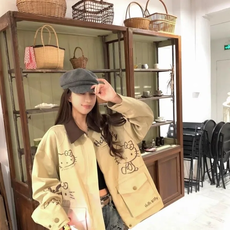 

Топы в стиле Харадзюку, весенне-осенняя одежда, женская новинка, рабочая одежда с воротником «Hello Kitty», граффити, куртки, женские контрастные пальто в стиле ретро