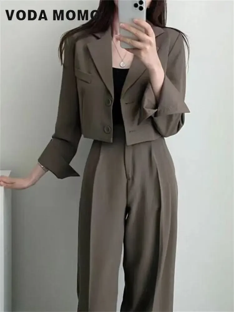 Spring Korean Casual Elegant Suits Blazer Jacket Wide Leg Trousers High Waist Pants Suits Female 2 Piece Sets Crop Top Coats