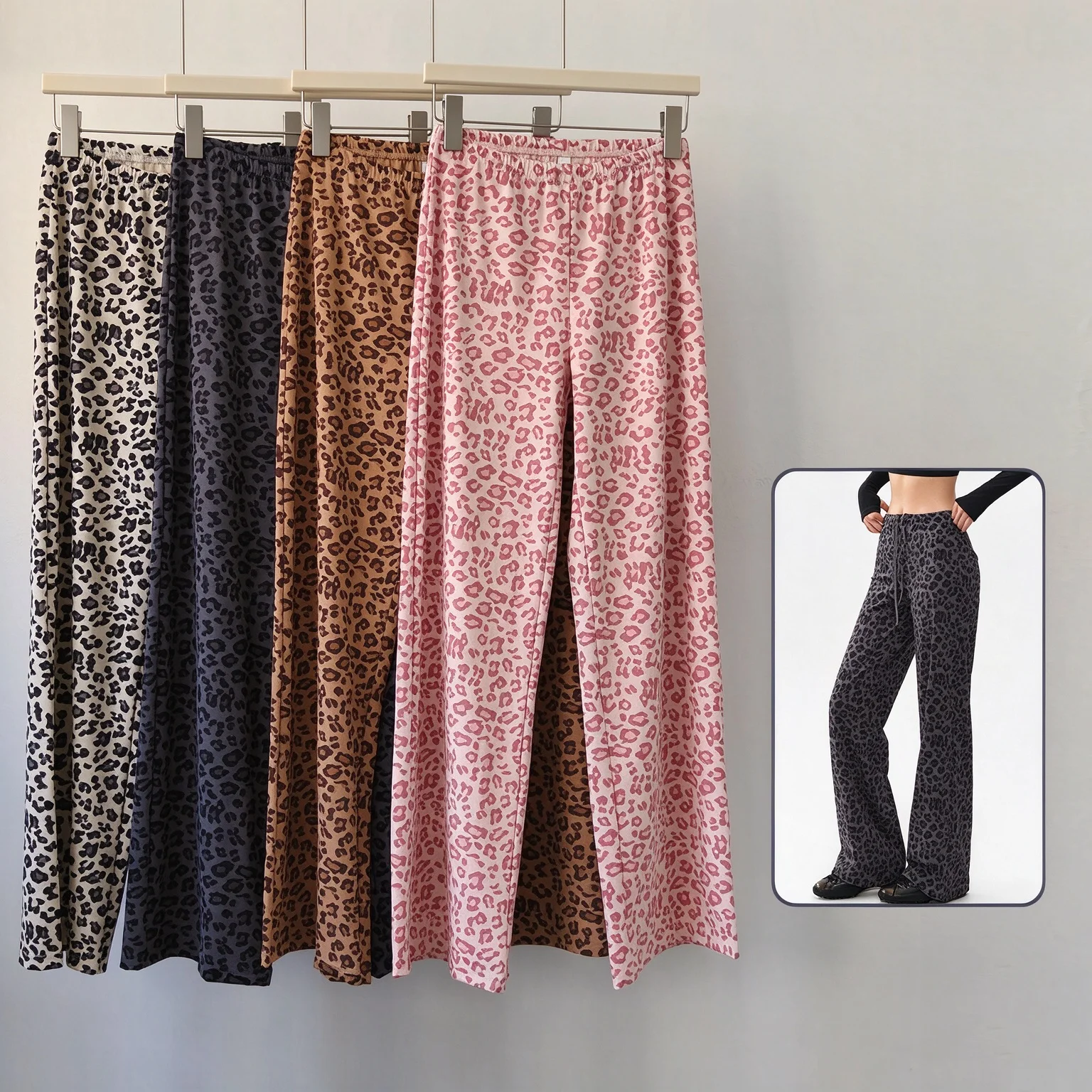 Leopard Print Straight-Leg Pants for Women, High-Waisted, Loose-Fitting, Drapey Sports Trousers, Fashionable Casual Fitness Slim
