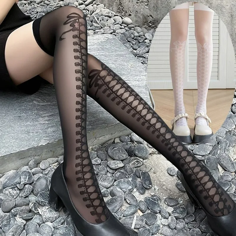 

Gothic Lolita Socks Thigh High Stockings Cross Lace Bow Punk Style Over Knee Socks for Women Girls for Cosplay JK Accessories