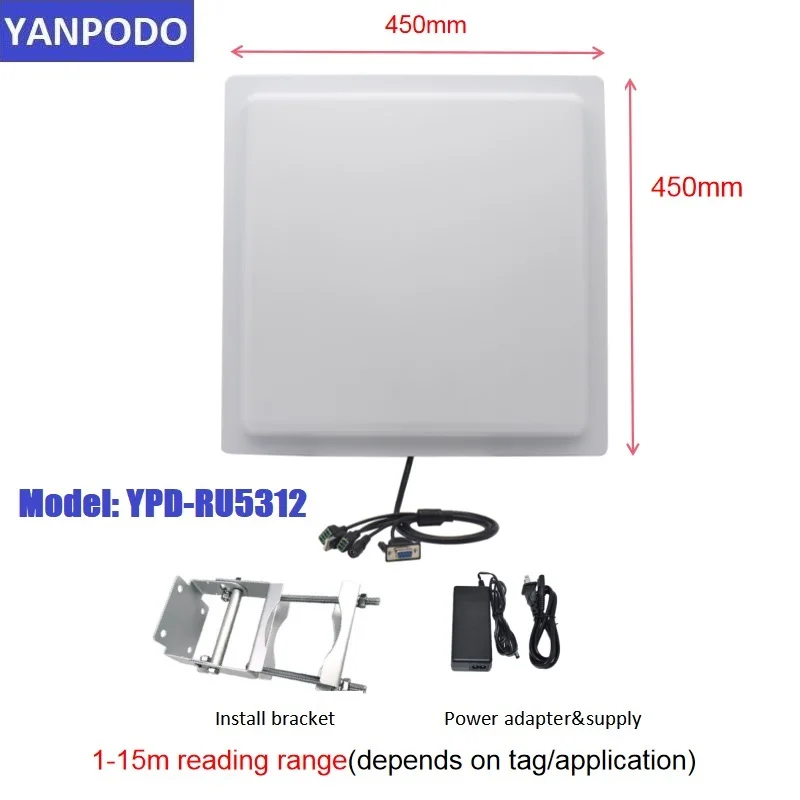 Yanpodo Integrated Long range UHF RFID Reader 1-15m built-in 12dbi gain Antenna Relay USB TCP IP Interface for Access Control