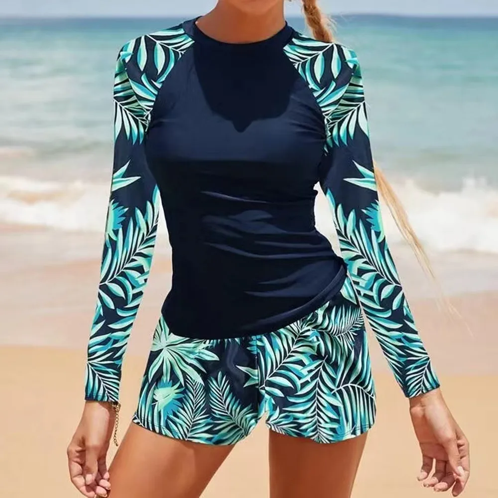 Women's Bikini Swimsuit Set Long Sleeve Digital Printing Conservative Ladies Two-Piece Bikini Swimsuit Bathing Suit Women