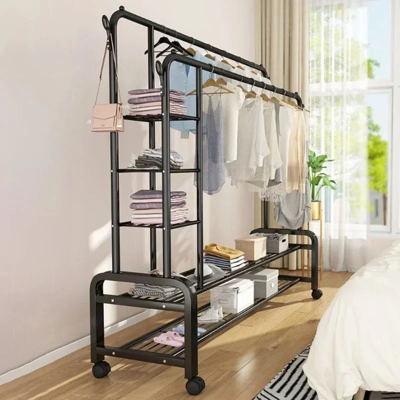 Simple Living Room Coat Racks Home Clothes Hanger Rack Balcony Folding Double Row Laundry Stand Large Capacity Storage Shelf A