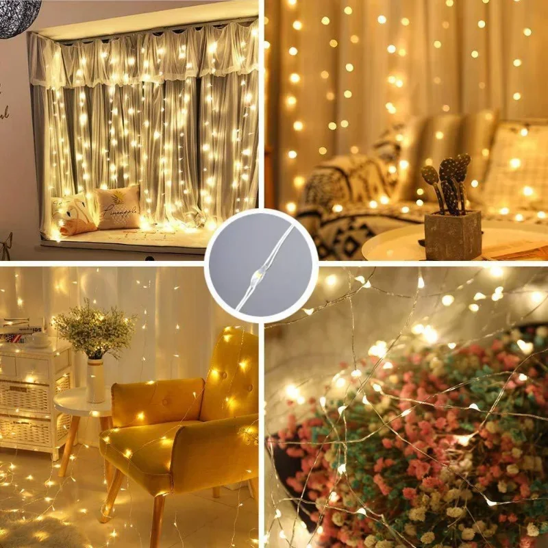 LED Garland Curtain Light com controle remoto, 8 modos, caixa de bateria, conto de fadas, casamento, natal, decoração, 3m