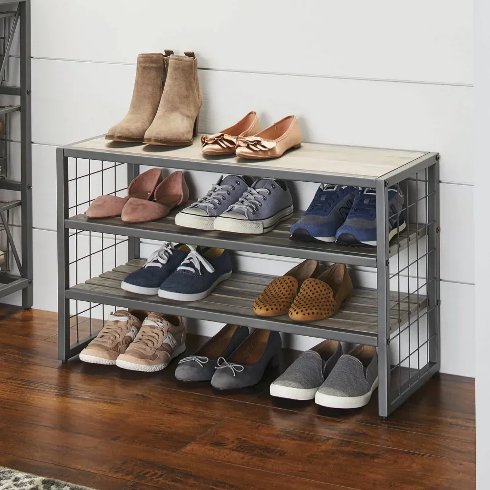 Better Homes & Gardens Farmhouse 3 Tiers,12-Compartment Garment Shoe Rack Wood,  Gray