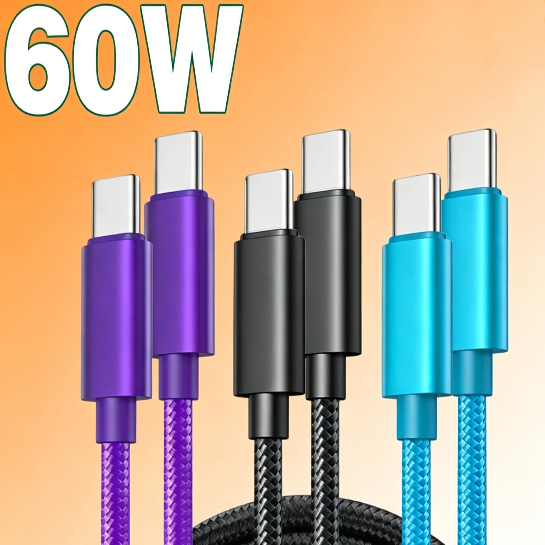 60W PD Type C to Type C Nylon Braided Charging Cable 1M 2M 3M Optional High Speed Data Transfer Wear Resistant Cord For Xiaomi