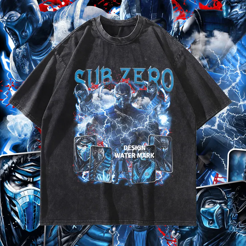 

Game Mortal K-Komba T Shirt Vintage Washed Sub Zero Raiden Scorpion Kano T-shirts Streetwear Manga Tops Tees Men Girl Cotton