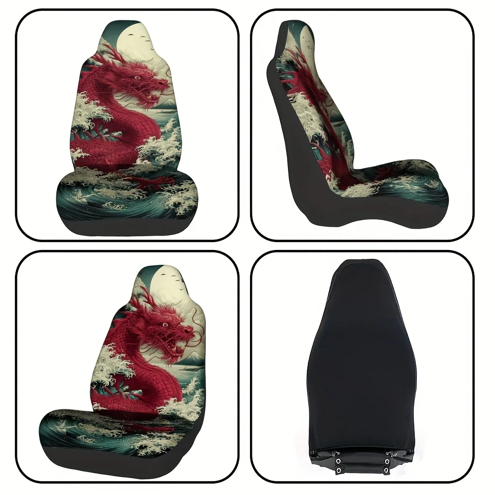 قطعتان، مجموعة أغطية مقاعد السيارة بنمط التنين الأحمر المزخرف على الموجات للمقاعد الأمامية، أغطية إكسسوارات السيارات، سهلة التركيب #3