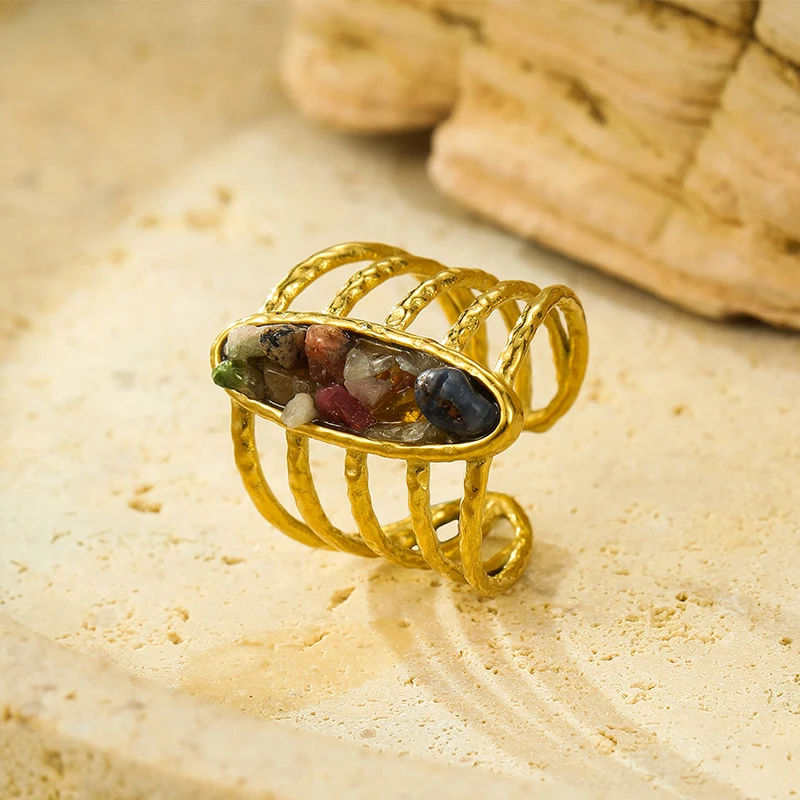 

PAPERPLUS | Colored Natural Stone Gold Ring Women Stainless Steel Bohemia Fashion Jewelry New Style